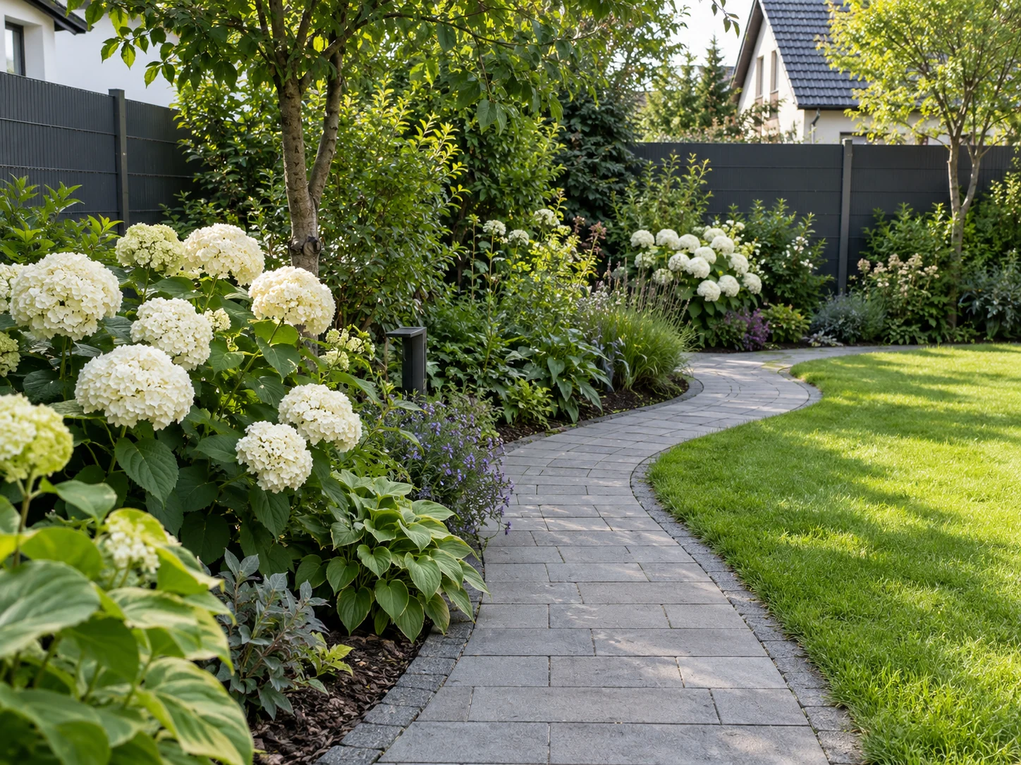 Beispielaufnahme: Garten mit geschwungenem Weg, Hortensien und Sichtschutz